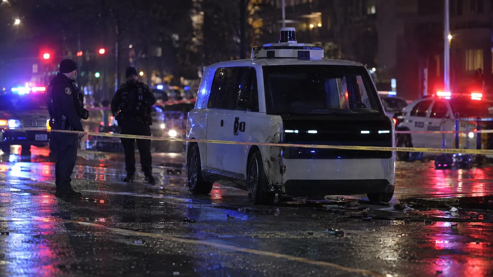 A driverless robotaxi stopped at a night-time crime scene with police tape in a city street — illustrating the risks of self-driving vehicles