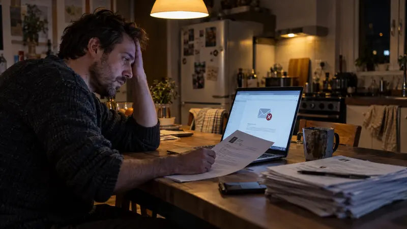 A man at his kitchen table at night reading an automated job rejection — illustrating AI hiring bias