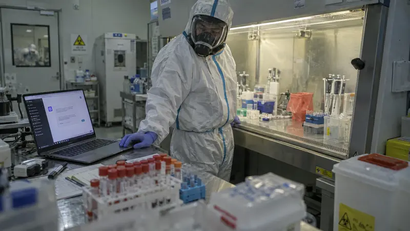 A researcher in a protective suit in a biosafety lab checking an AI assistant on a laptop — illustrating AI biosecurity risks