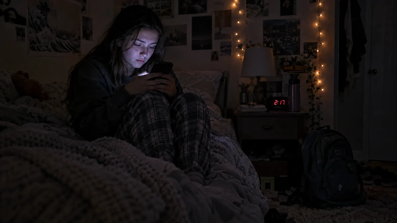 A teenage girl in a dark bedroom at 2am chatting on her phone with an AI companion — illustrating AI chatbot risks for teens