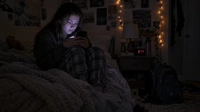 A teenage girl in a dark bedroom at 2am chatting on her phone with an AI companion — illustrating AI chatbot risks for teens