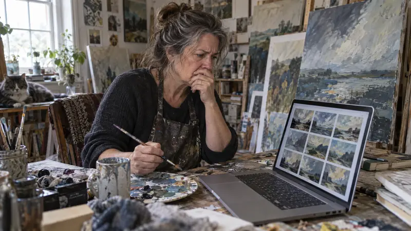 A painter in her studio staring at AI-generated copies of her own style on a laptop — illustrating AI and artists’ rights
