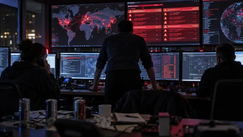 Security analysts in a dark operations center facing walls of red cyberattack alerts — illustrating AI-powered cyberattacks