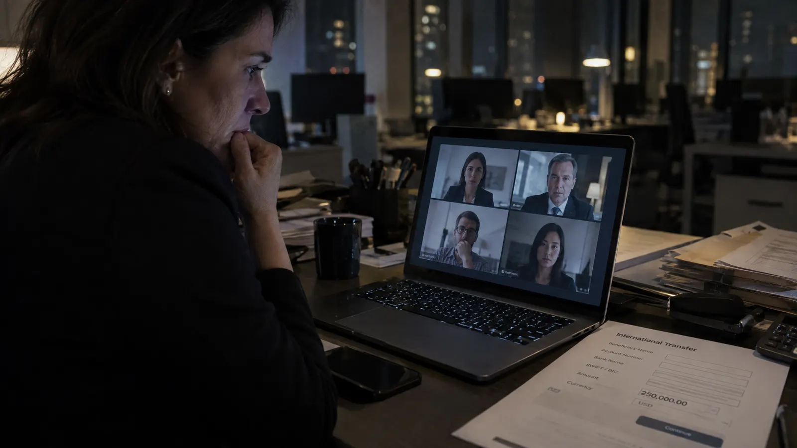 An office worker at night on a video call with executives, an international transfer form on her desk — illustrating a deepfake video-call scam