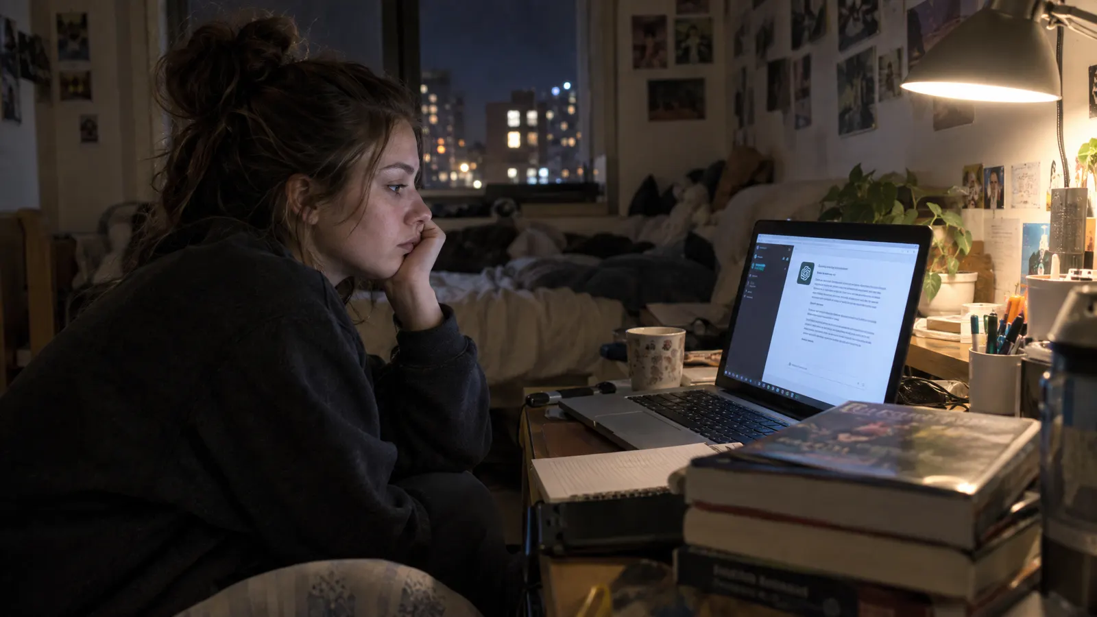 A student at a desk late at night letting an AI chatbot write an essay on a laptop — illustrating AI and learning