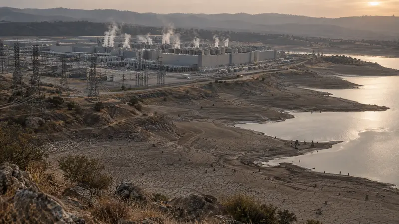 A data center complex with steam plumes beside a drought-stricken reservoir — illustrating AI energy and water use