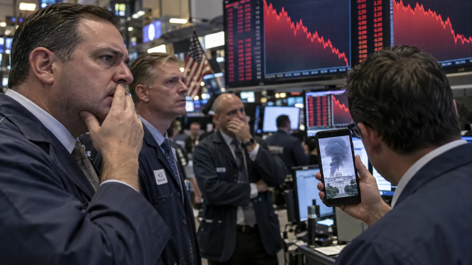 Traders watching stock screens drop as a viral image spreads on phones — illustrating AI and financial markets