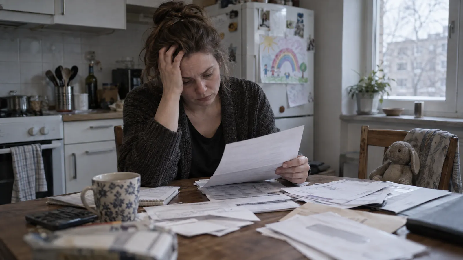 A mother at a kitchen table reading an official letter accusing her of fraud, with bills spread out — illustrating harm from government algorithms