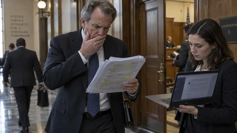A lawyer in a courthouse corridor alarmed by a brief full of fake citations — illustrating AI hallucinations