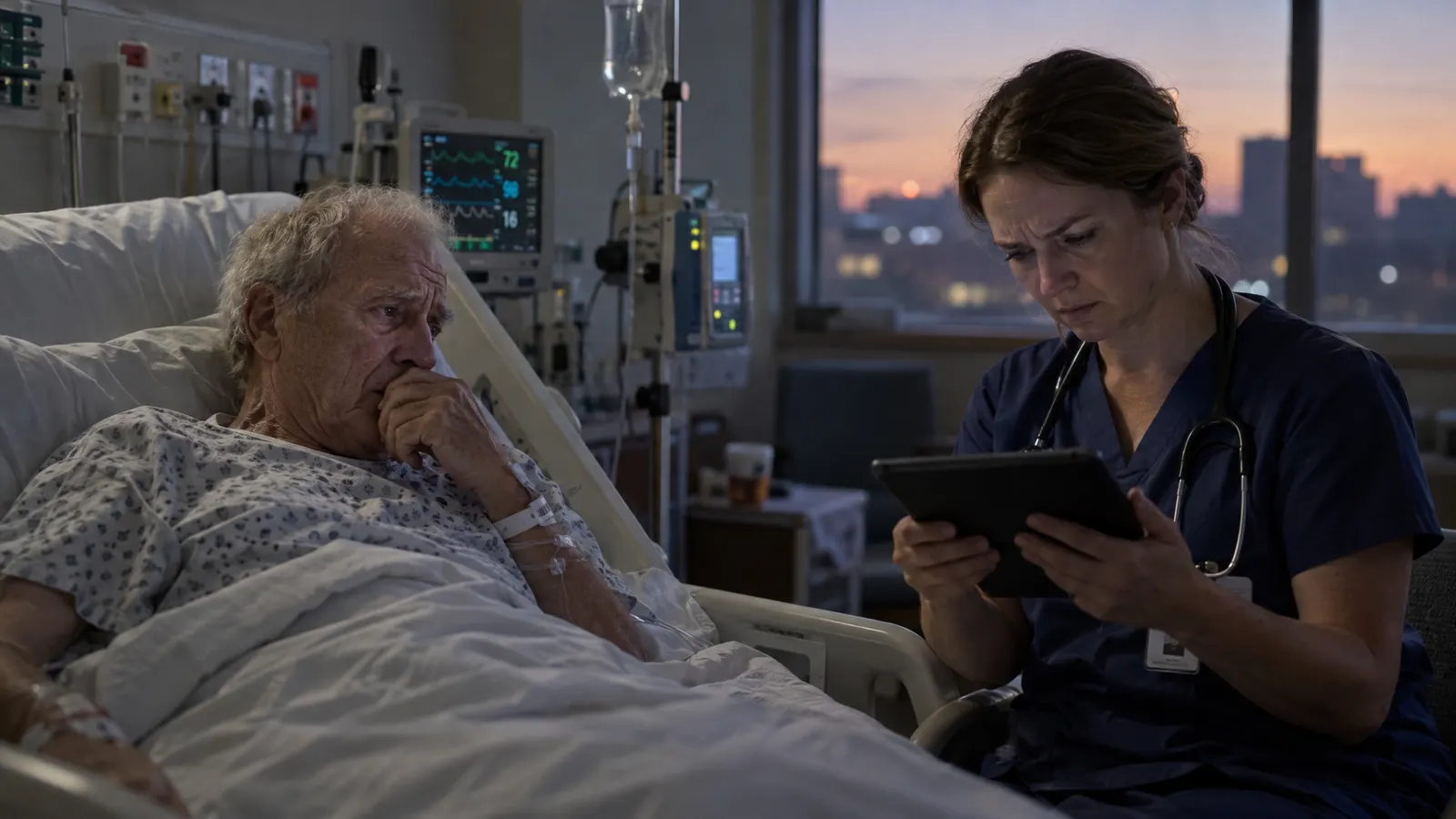 An elderly patient in a hospital bed while a nurse looks at an automated insurance denial on a tablet — illustrating AI decisions in healthcare