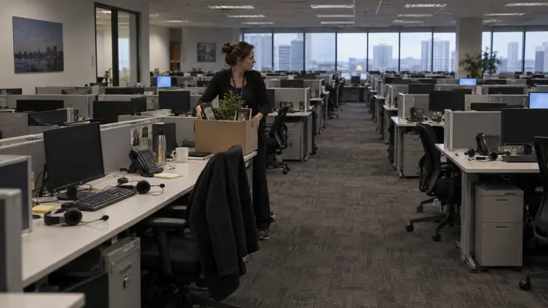 An almost empty call center as the last employee packs her belongings into a box — illustrating jobs lost to AI automation