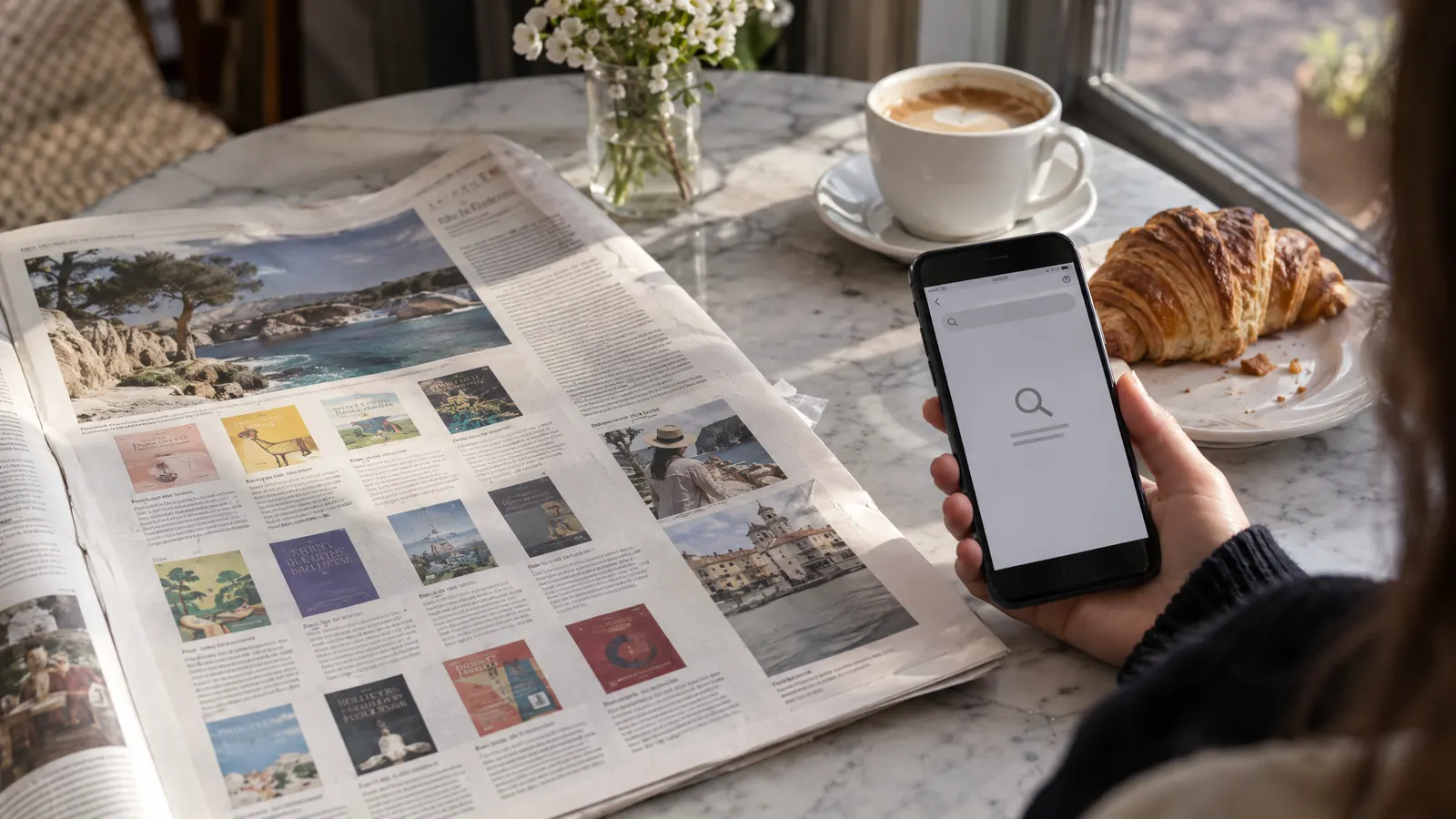 A newspaper on a café table open to a reading list, with a phone showing that the listed books do not exist — illustrating AI-generated misinformation in media