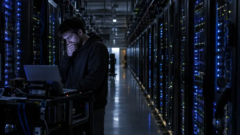 An uneasy engineer alone in a vast AI data center at night — illustrating loss of control over AI