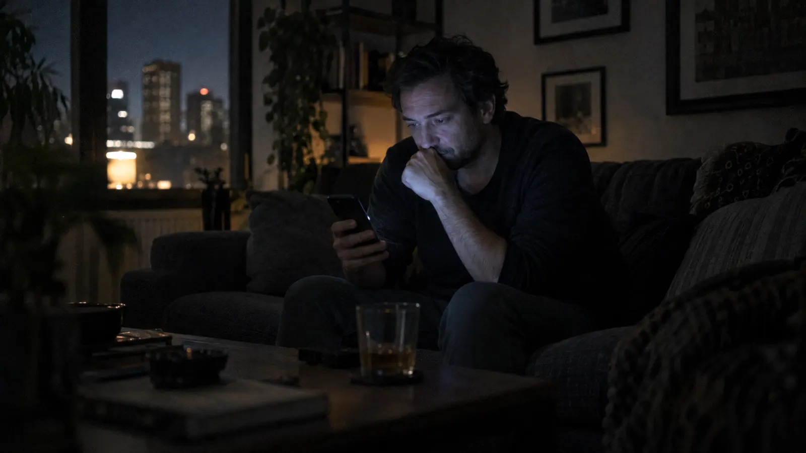 A person on a sofa at night staring at a phone as a chatbot conversation glows, with a persuasive message on screen — illustrating AI persuasion and manipulation