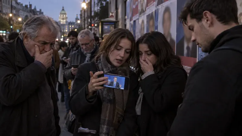 People on a city street watching a viral video of a politician on a phone, looking shocked — illustrating AI election misinformation