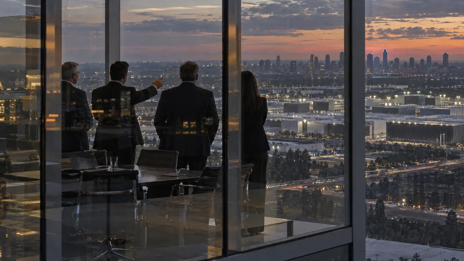 Executives in a skyscraper boardroom looking out at a huge data center campus — illustrating concentration of AI power