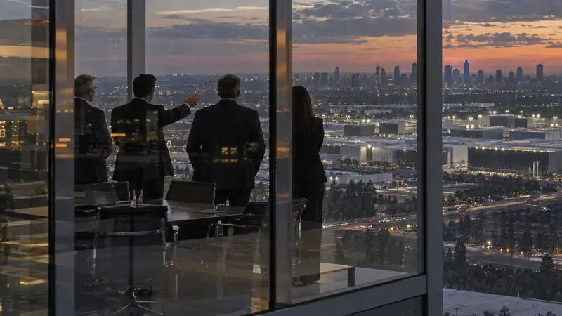 Executives in a skyscraper boardroom looking out at a huge data center campus — illustrating concentration of AI power