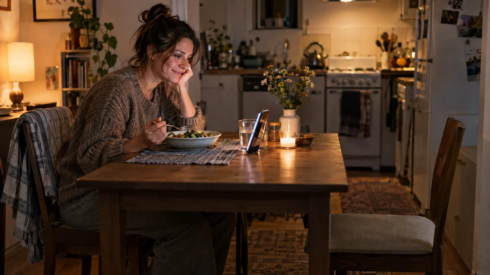 A lonely person eating dinner alone while talking to an AI companion on a phone propped against a glass — illustrating AI and loneliness