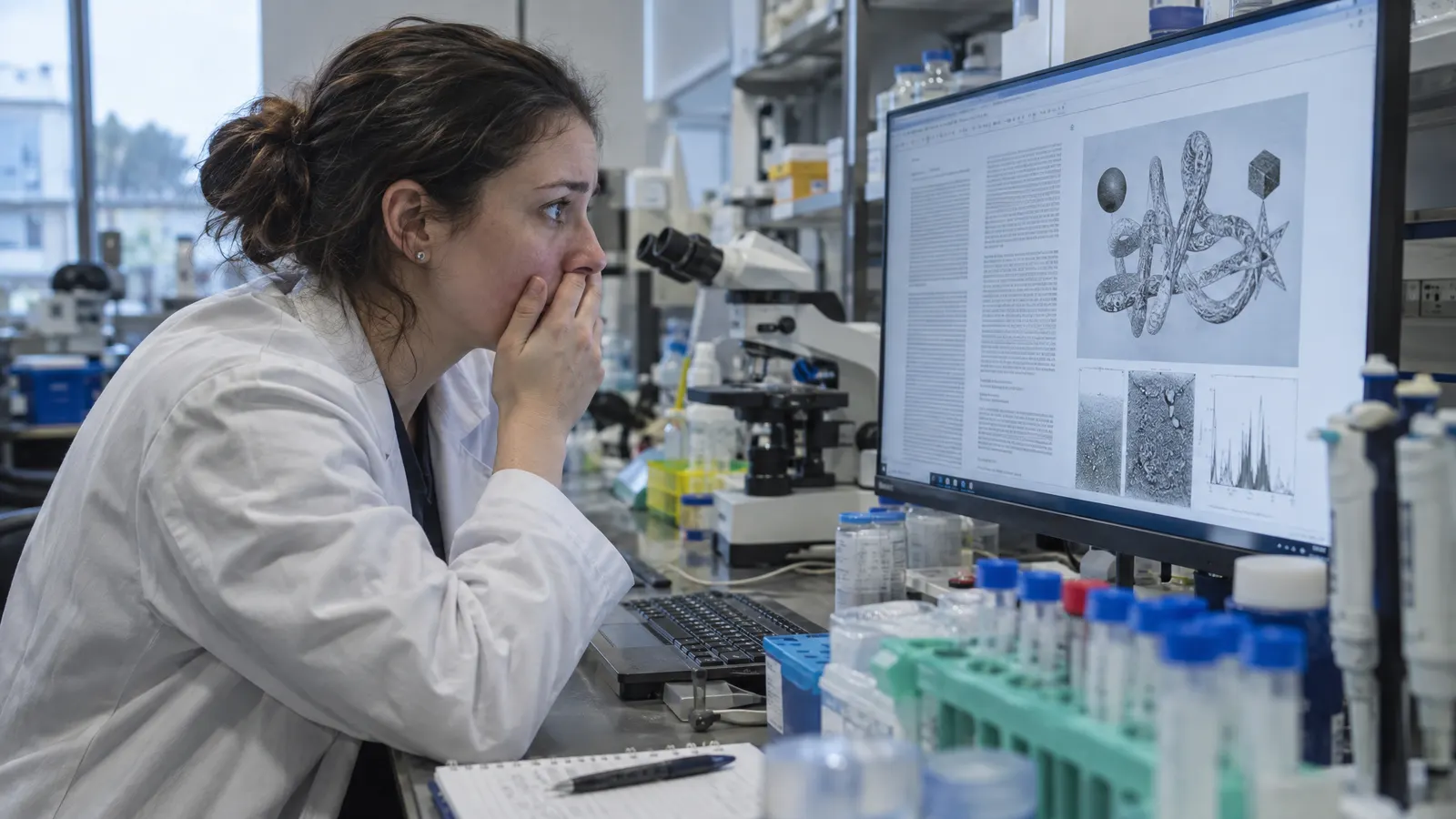 A scientist in a lab staring at a journal page on a monitor filled with a nonsensical AI-generated diagram — illustrating AI and scientific integrity