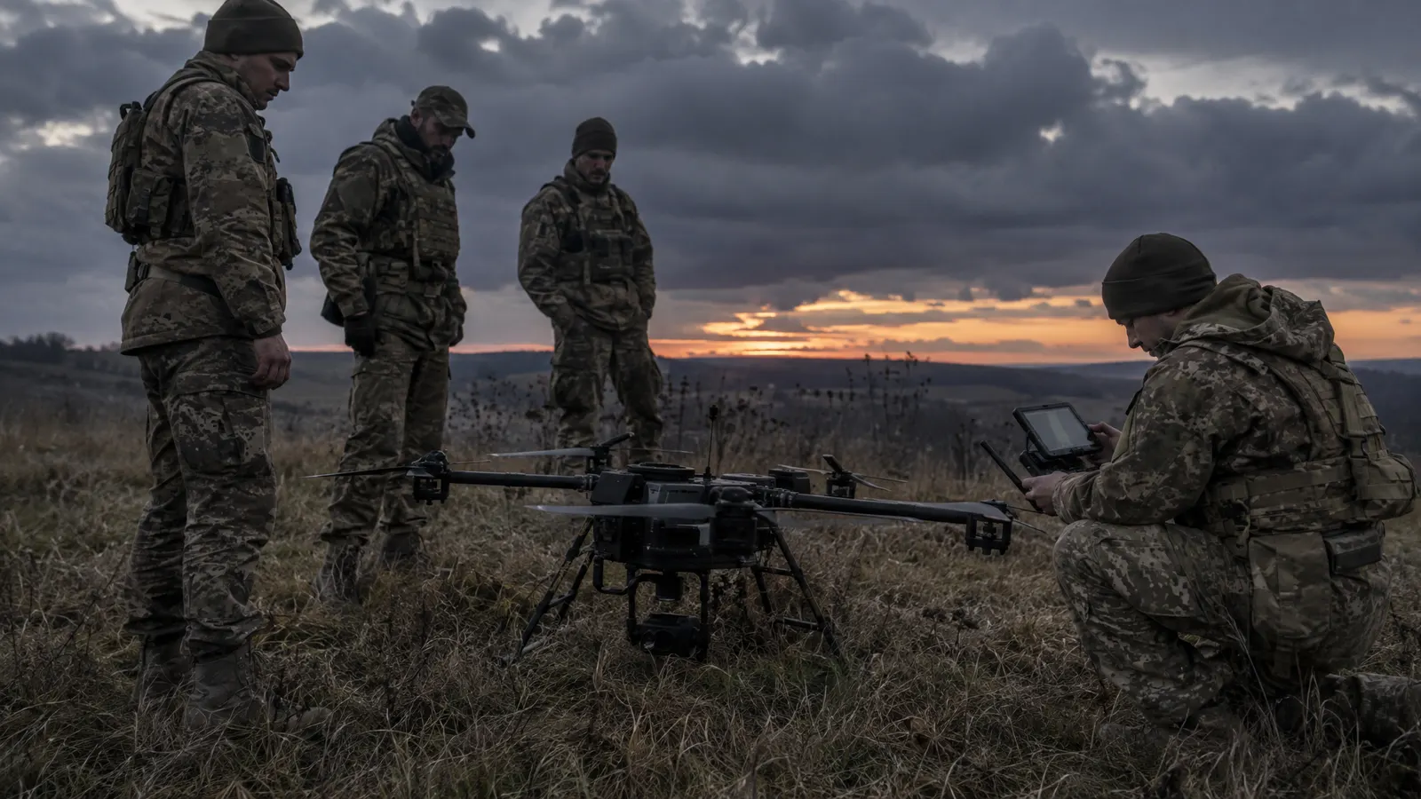 Soldiers at dusk around a military drone with an operator holding a controller — illustrating autonomous weapons