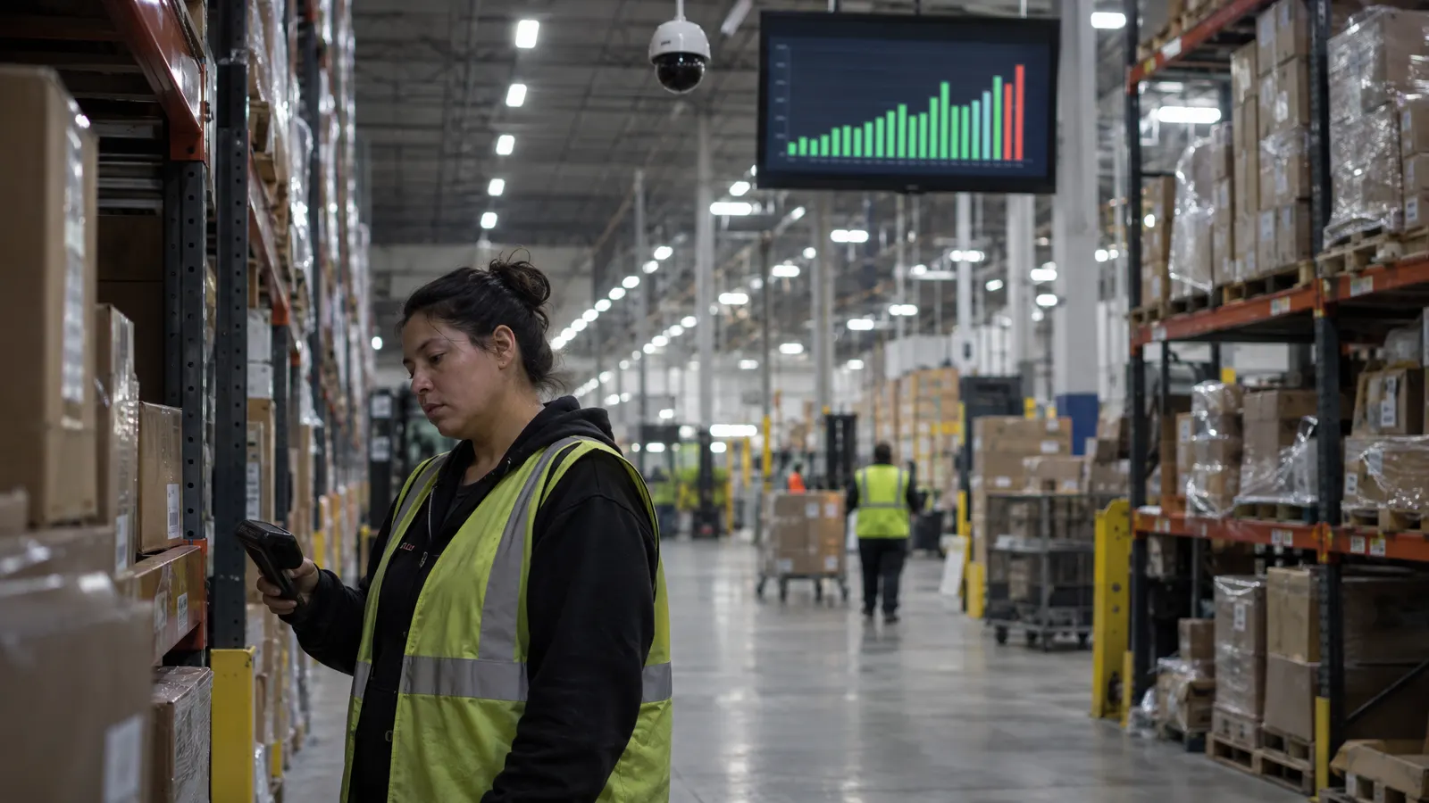 A warehouse worker holding a handheld scanner under a camera, with productivity numbers on a screen above — illustrating AI surveillance at work